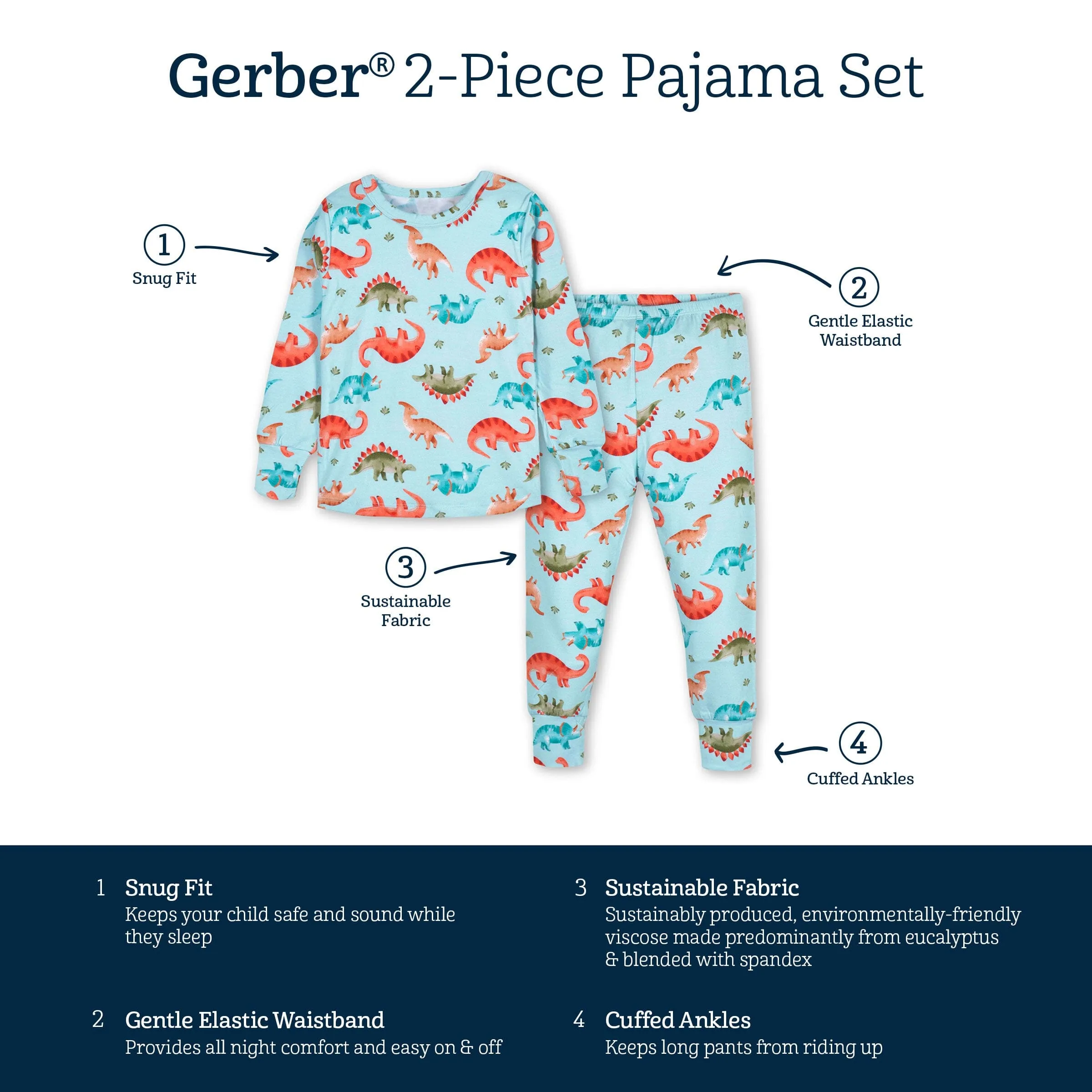 2-Piece Infant & Toddler Snugosaurous Buttery Soft Viscose Made from Eucalyptus Snug Fit Pajamas