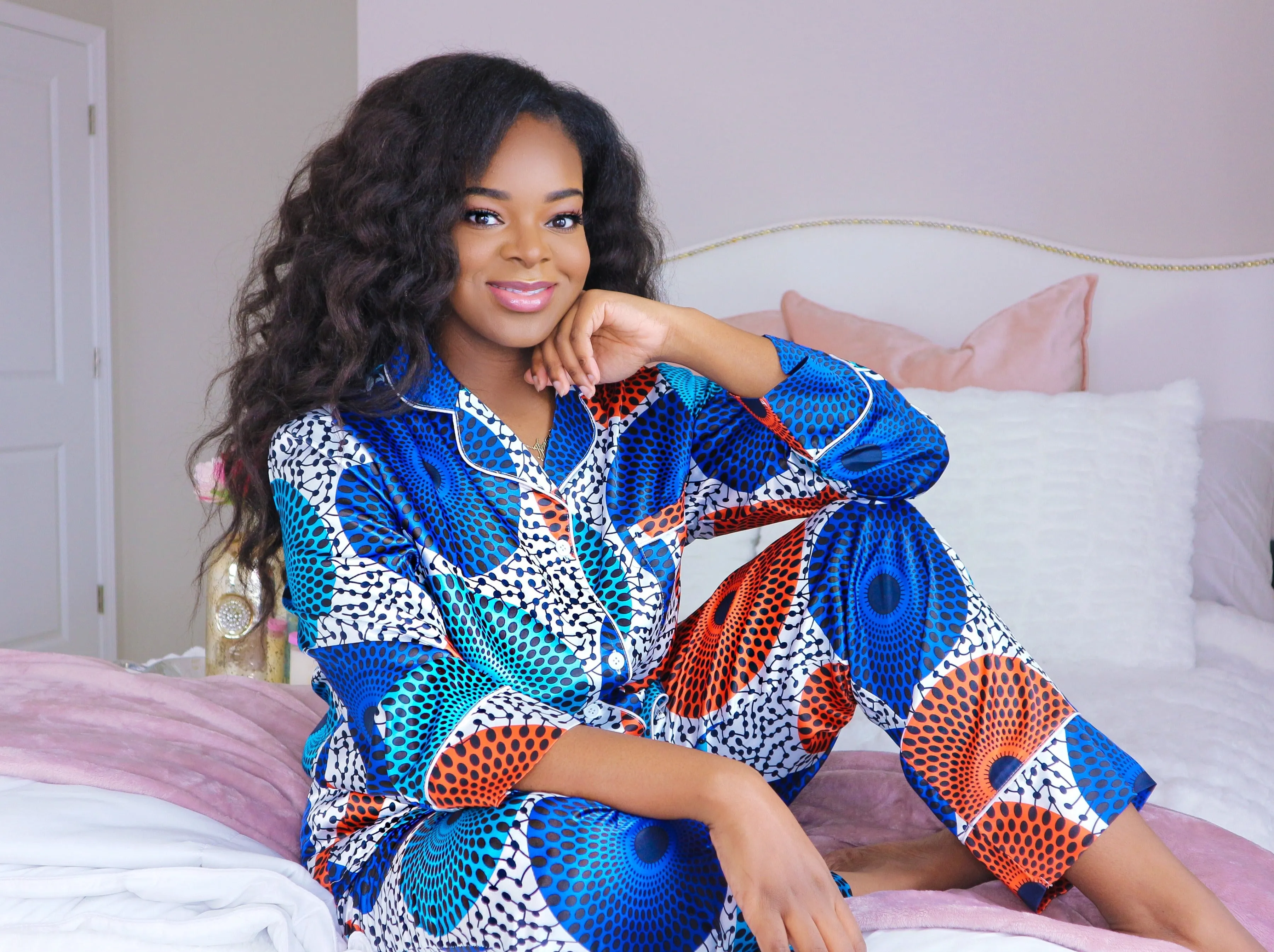 African Print Satin Long Sleeve Pajama Set Blue