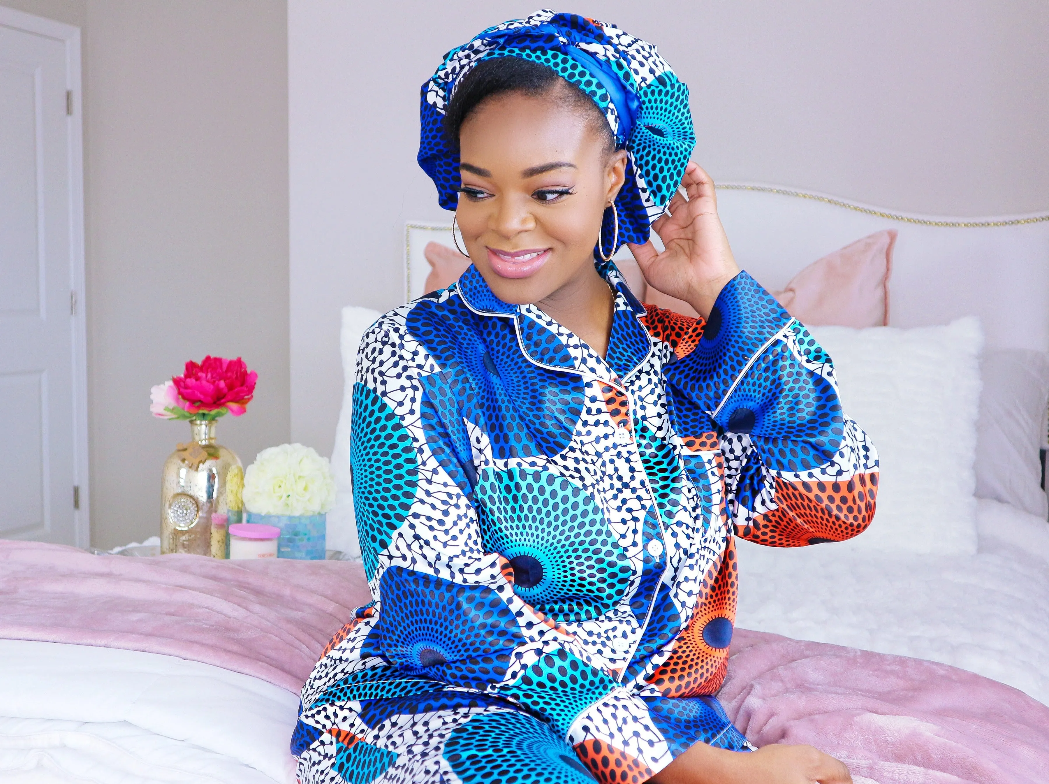 African Print Satin Long Sleeve Pajama Set Blue