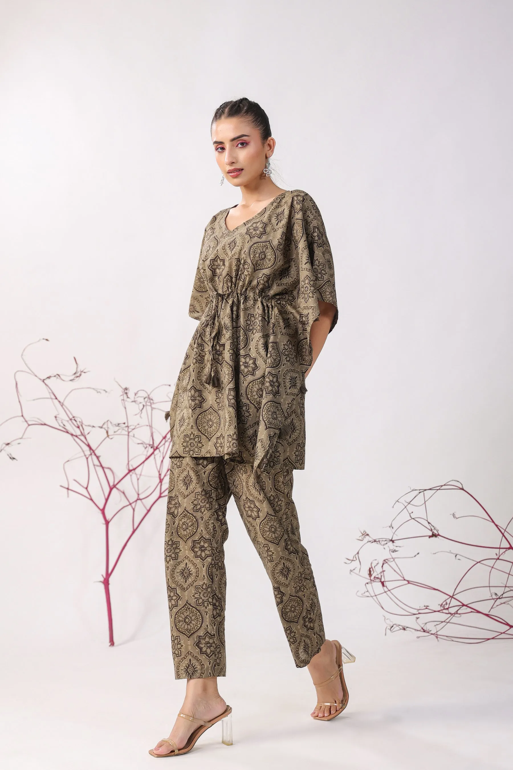 Ajrakh Motifs Cotton Kaftan Pajama Set