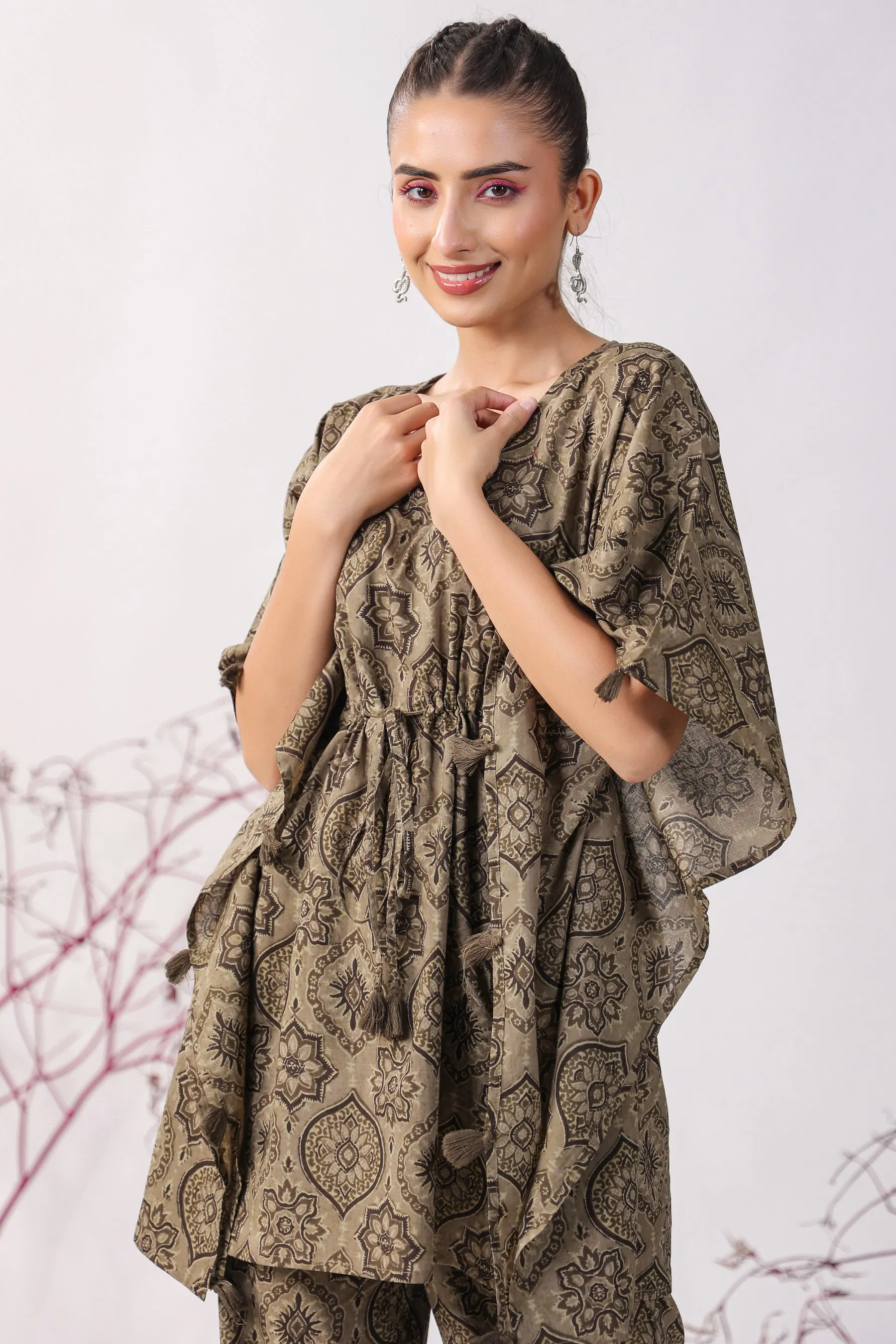 Ajrakh Motifs Cotton Kaftan Pajama Set