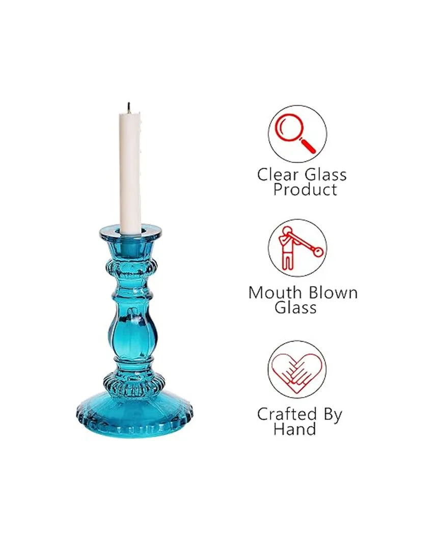 Antique Blue Glass Candle Stand | 3 x 1.5 x 6 inches