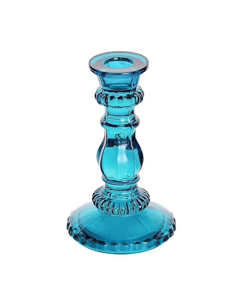 Antique Blue Glass Candle Stand | 3 x 1.5 x 6 inches