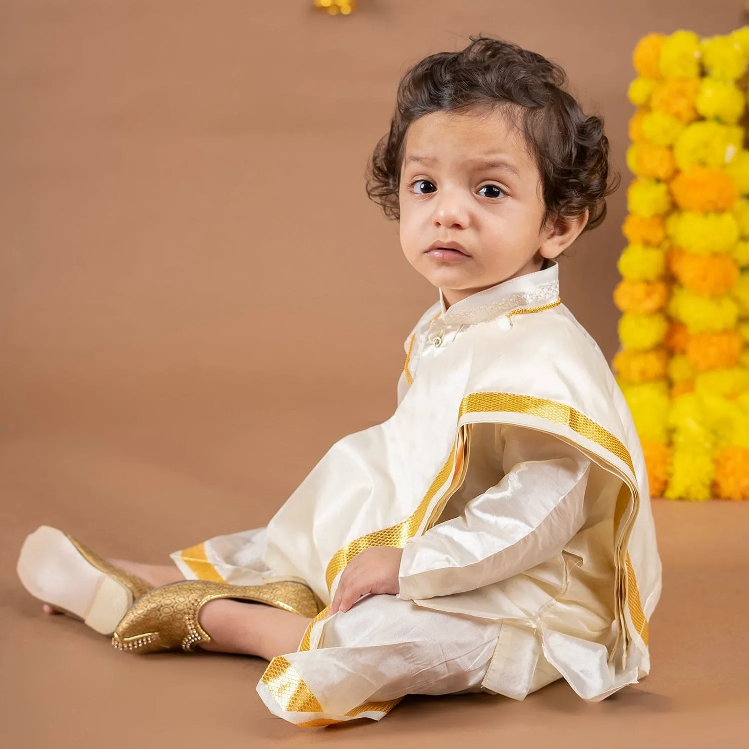 Baby Moo x Kurta Co. Traditional Dhoti Khandwa Kurta Set | Pure Pattu Silk With Gold Zari Border | Premium Plastic Gift Box 6pcs - Cream