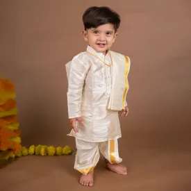 Baby Moo x Kurta Co. Traditional Dhoti Khandwa Kurta Set | Pure Pattu Silk With Gold Zari Border | Premium Plastic Gift Box 6pcs - Cream