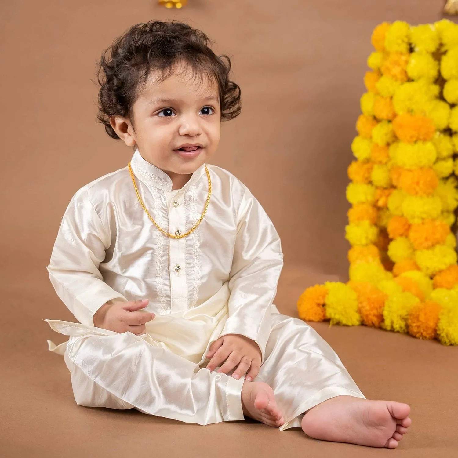 Baby Moo x Kurta Co. Traditional Dhoti Khandwa Kurta Set | Pure Pattu Silk With Gold Zari Border | Premium Plastic Gift Box 6pcs - Cream