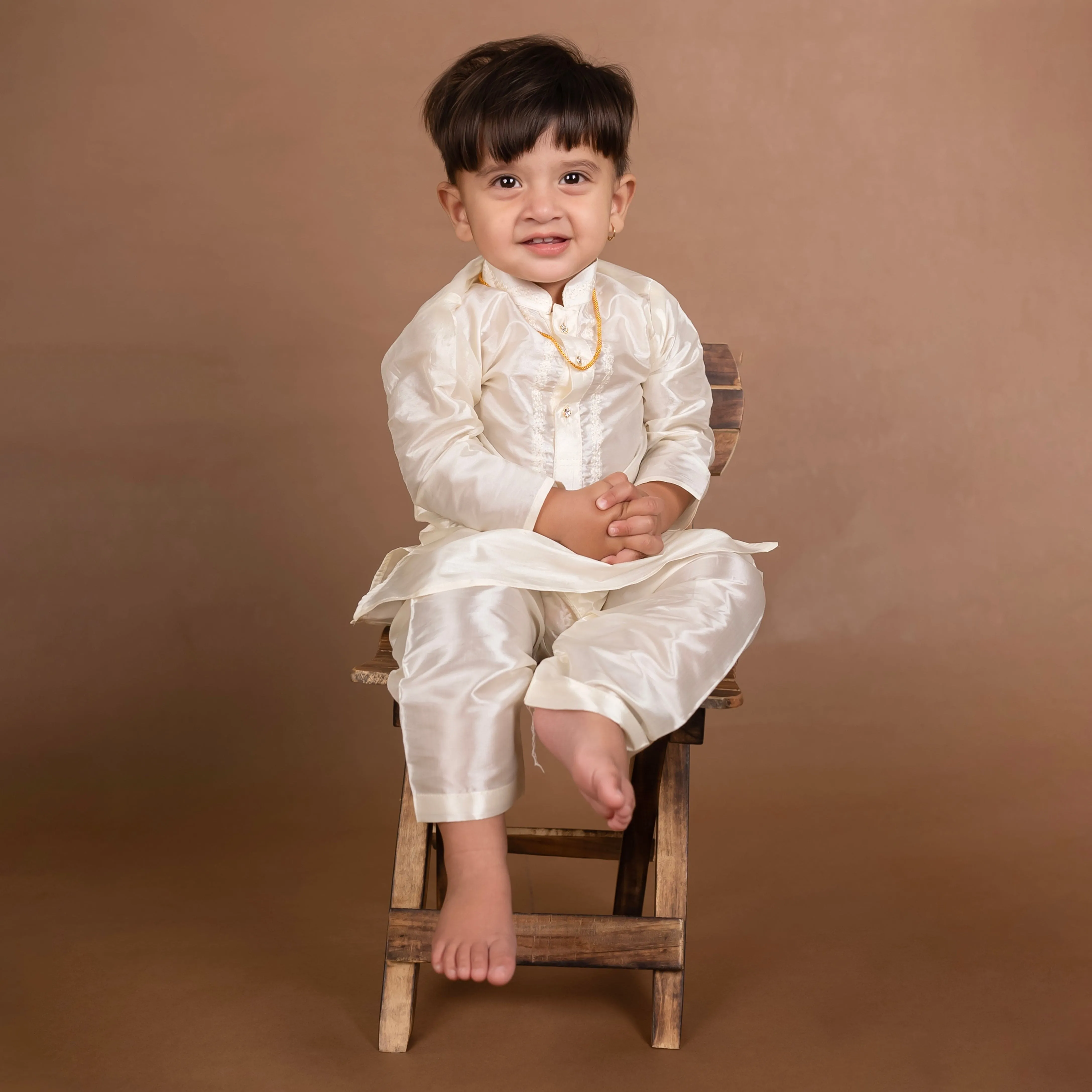 Baby Moo x Kurta Co. Traditional Dhoti Khandwa Kurta Set | Pure Pattu Silk With Gold Zari Border | Premium Plastic Gift Box 6pcs - Cream