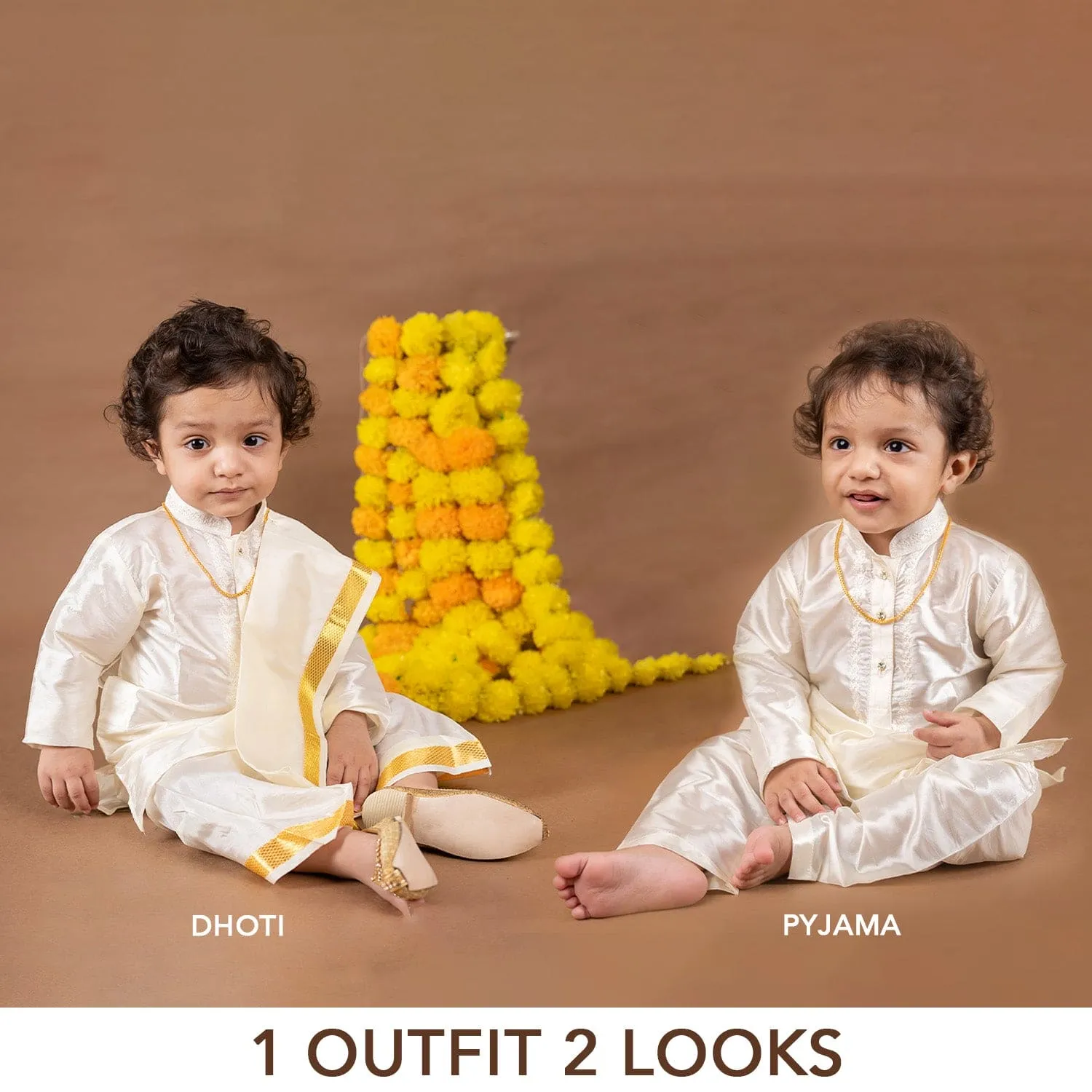 Baby Moo x Kurta Co. Traditional Dhoti Khandwa Kurta Set | Pure Pattu Silk With Gold Zari Border | Premium Plastic Gift Box 6pcs - Cream