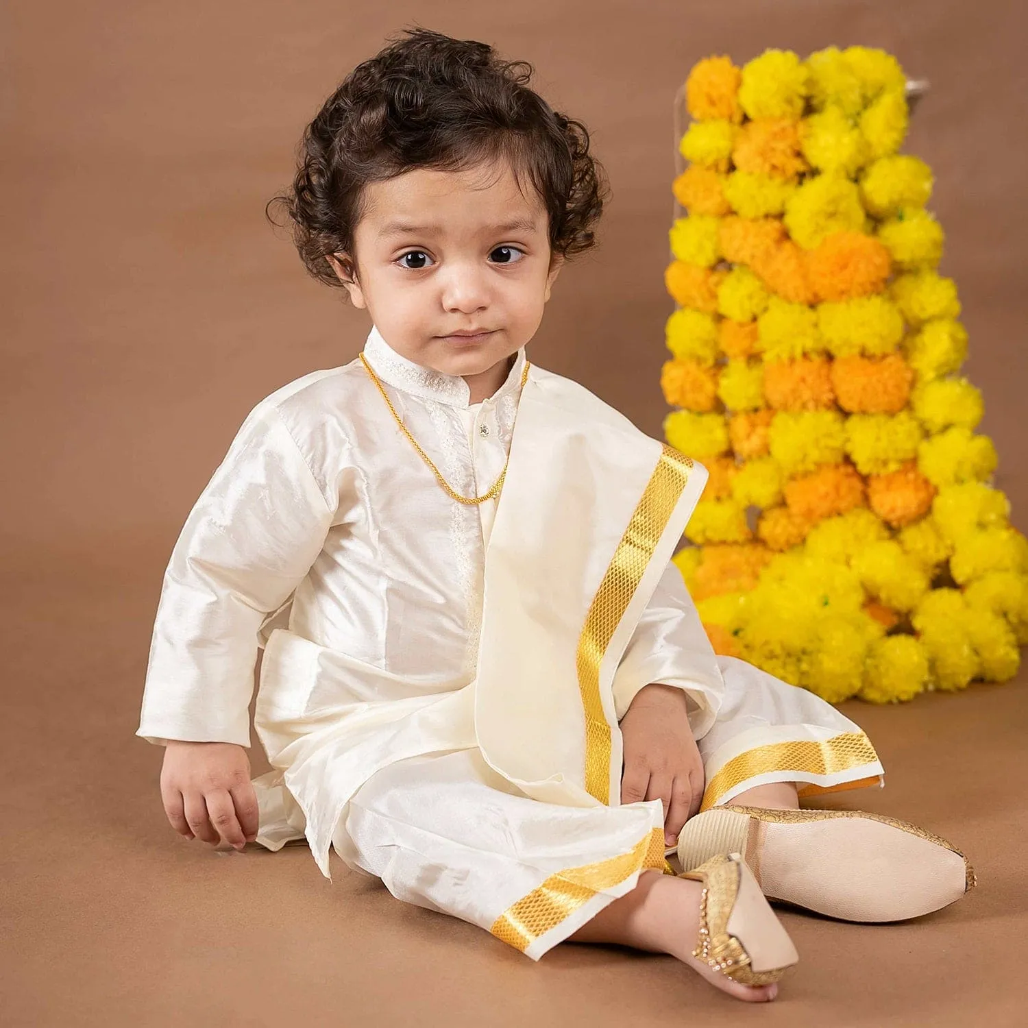 Baby Moo x Kurta Co. Traditional Dhoti Khandwa Kurta Set | Pure Pattu Silk With Gold Zari Border | Premium Plastic Gift Box 6pcs - Cream