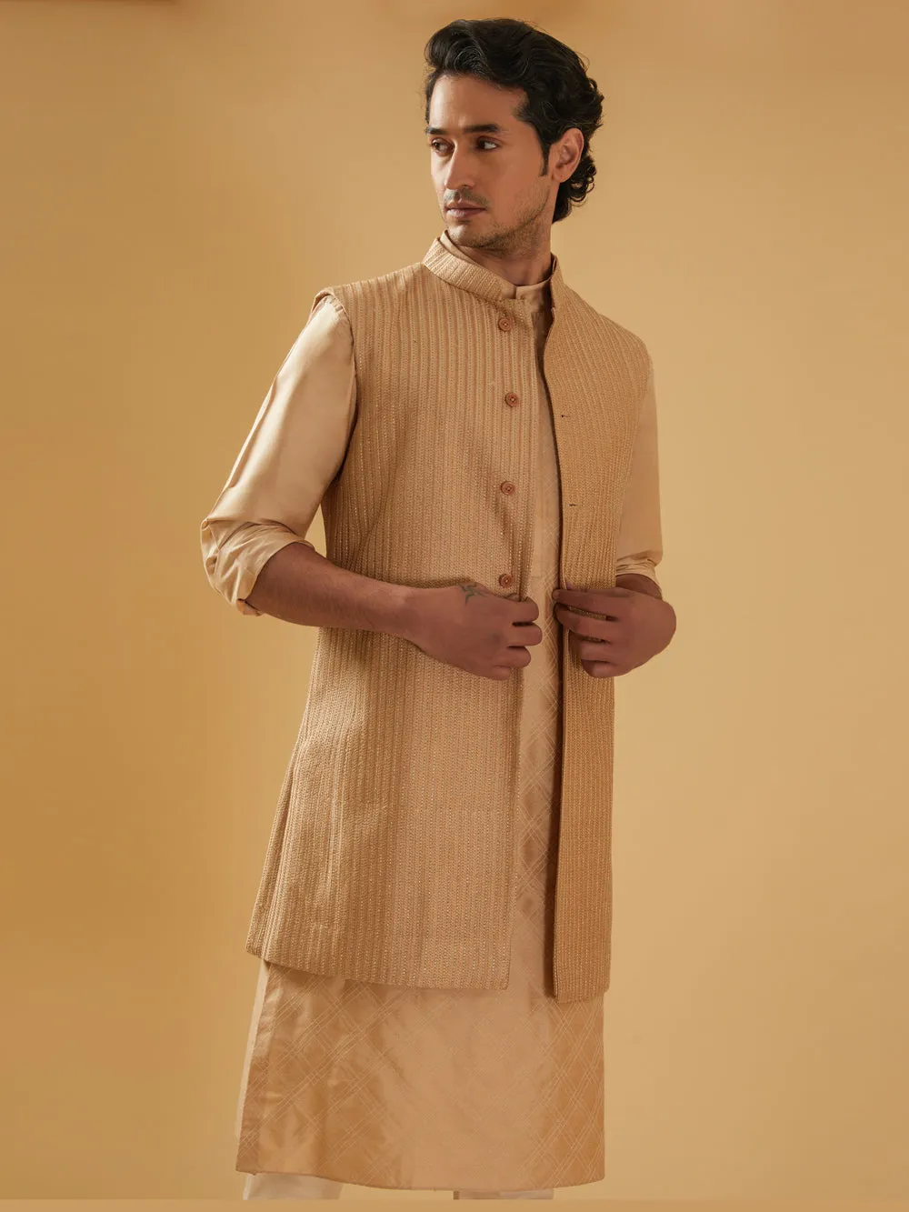 Beige Embroidered Long Waistcoat