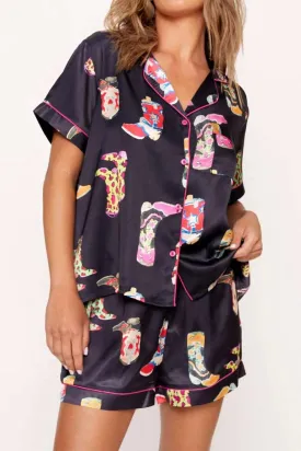 Black Boots Print Button-up Shirt and Shorts Pajama Set