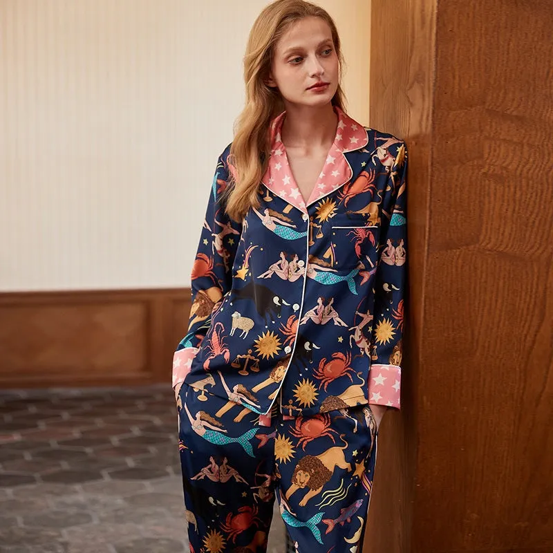 Blue Constellation Ice Silk Pajama Set - Luxurious Seasonal Nightwear