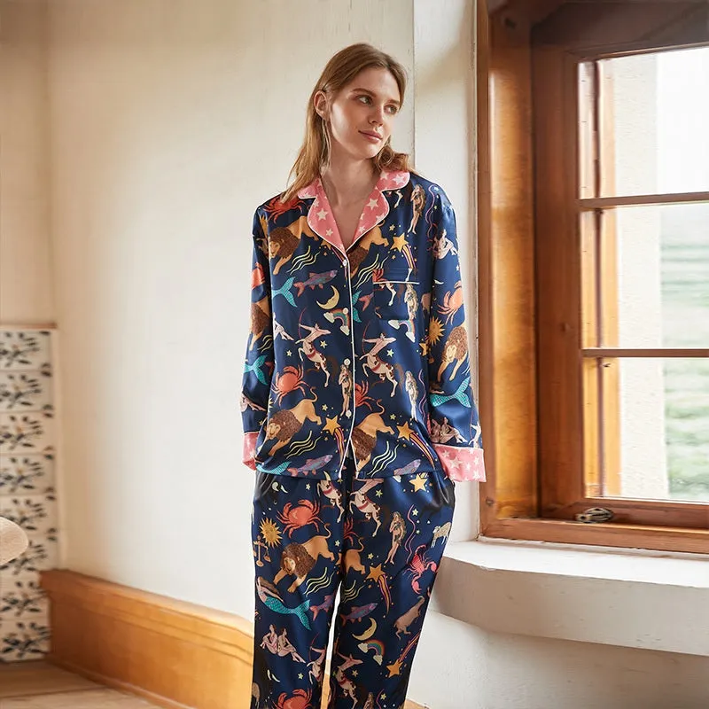 Blue Constellation Ice Silk Pajama Set - Luxurious Seasonal Nightwear