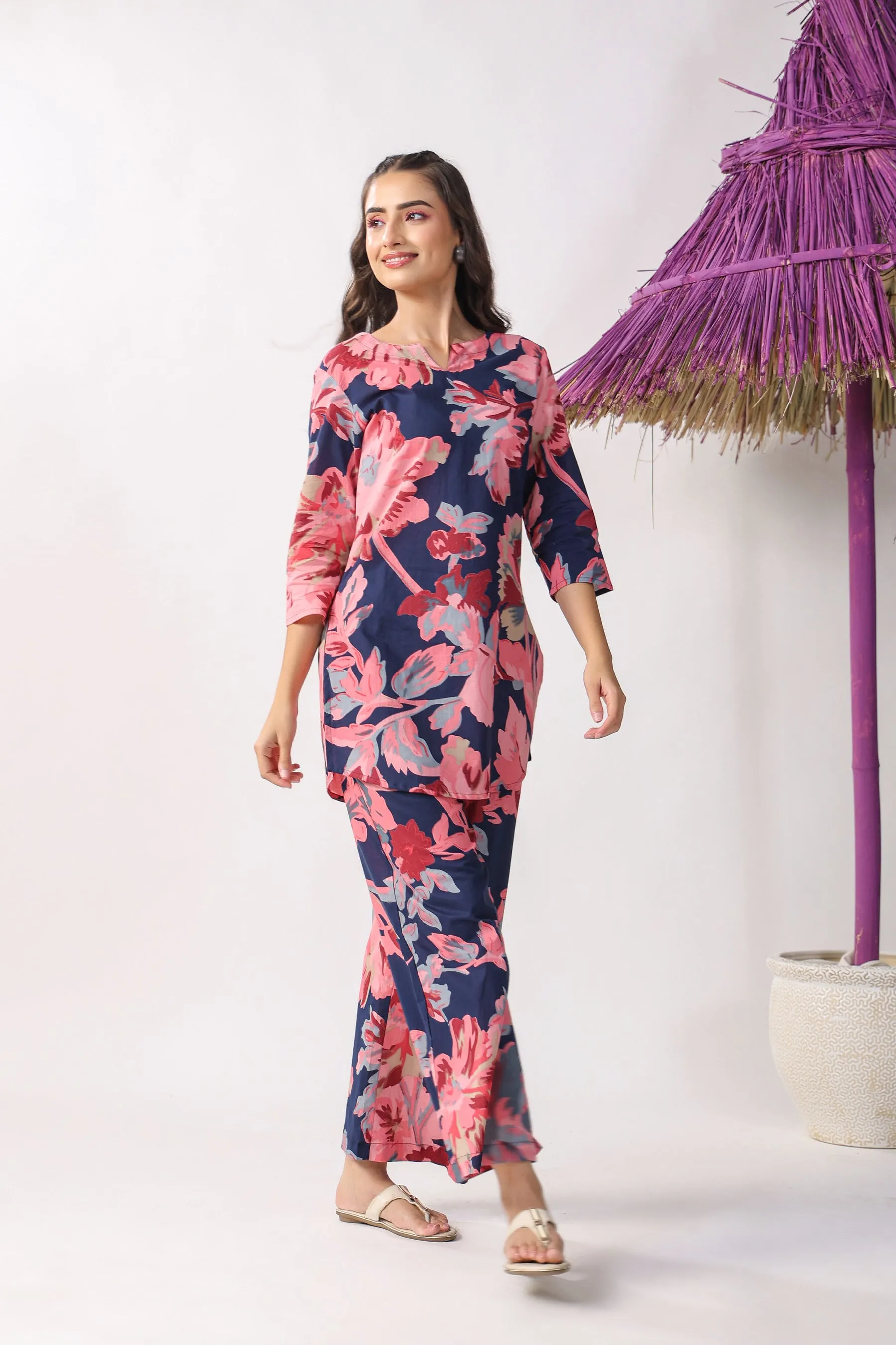 Blue Floral Cotton Palazzo Loungewear Set