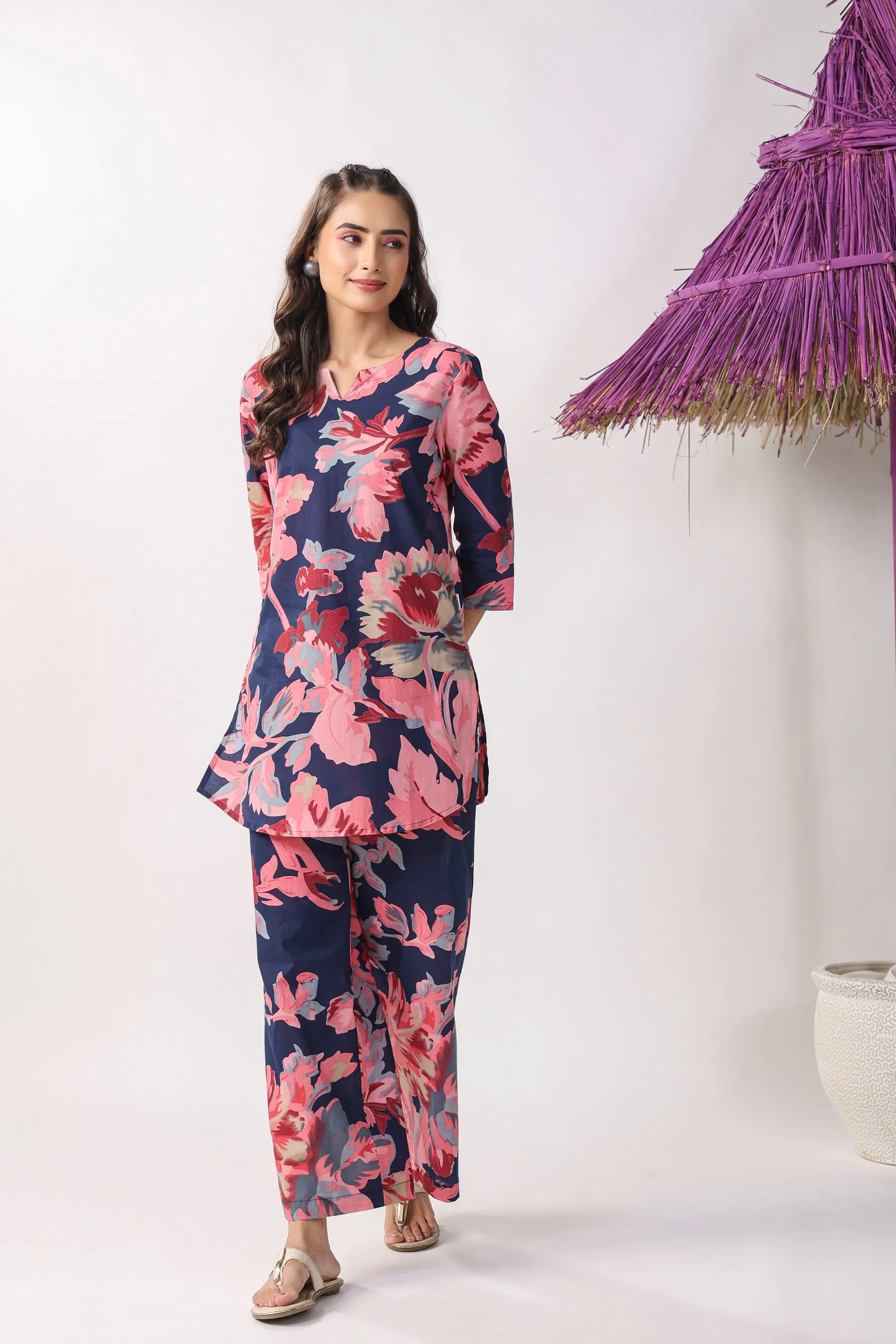 Blue Floral Cotton Palazzo Loungewear Set