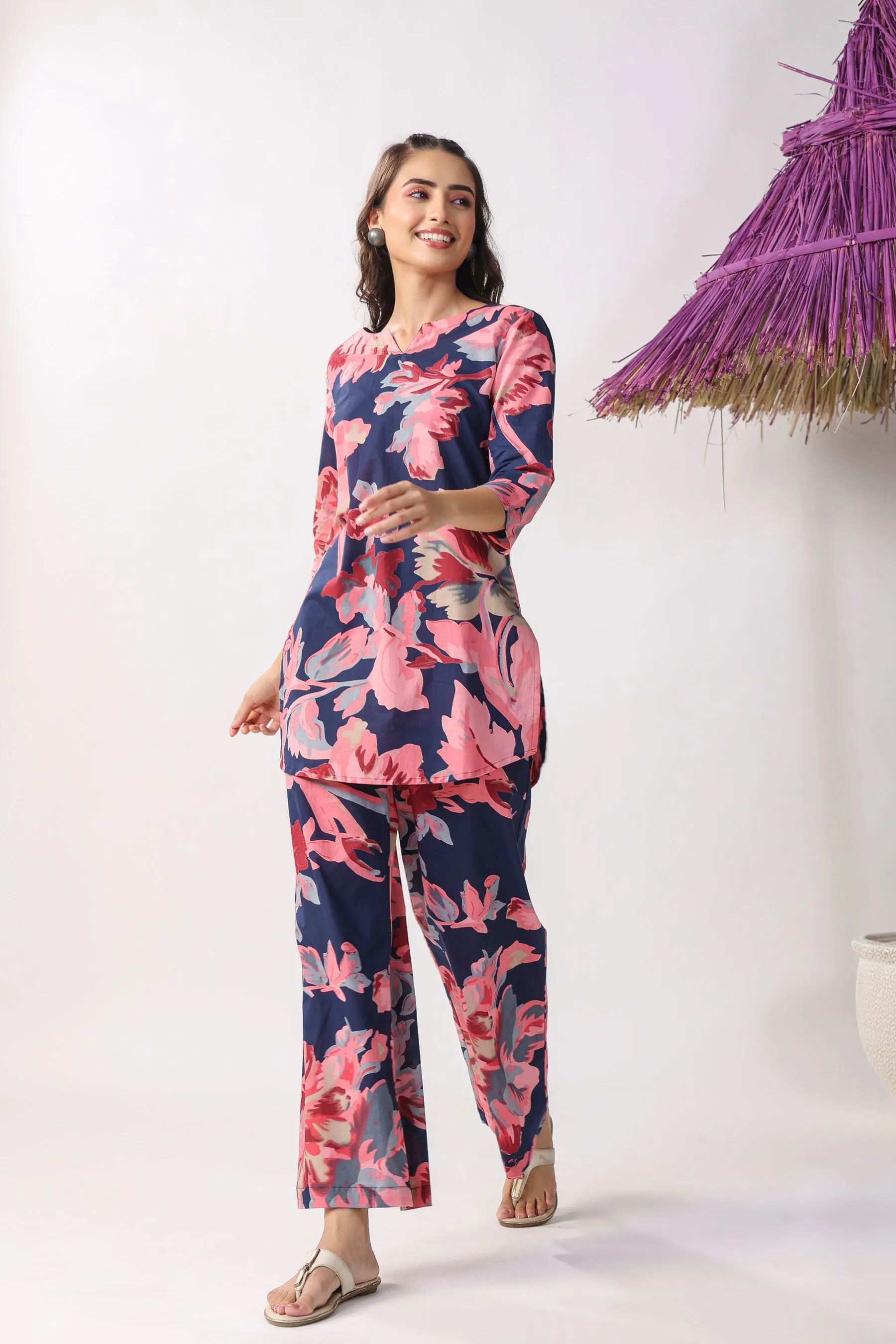 Blue Floral Cotton Palazzo Loungewear Set