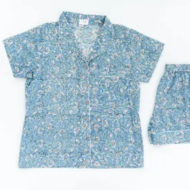 Blue Floral Frills Block Print Pajama Shorts Set