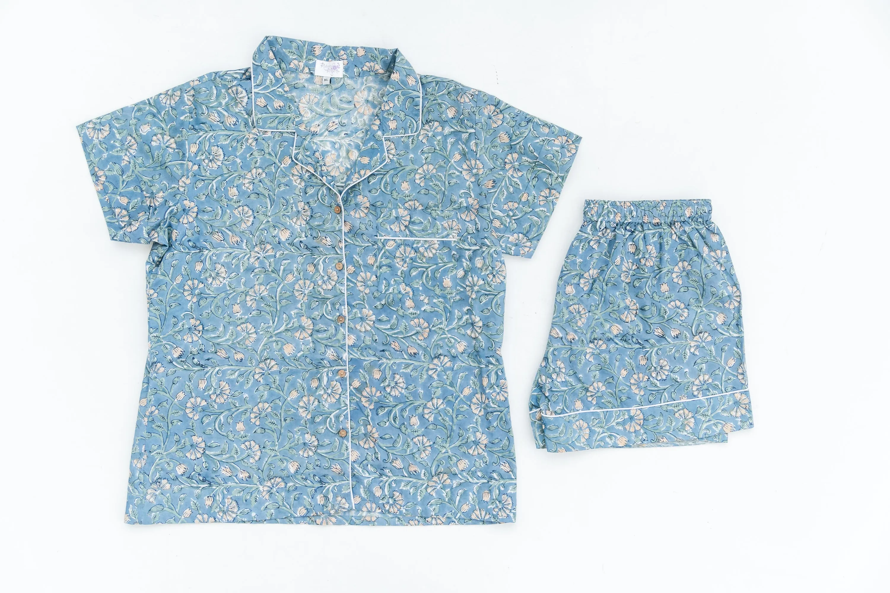 Blue Floral Frills Block Print Pajama Shorts Set