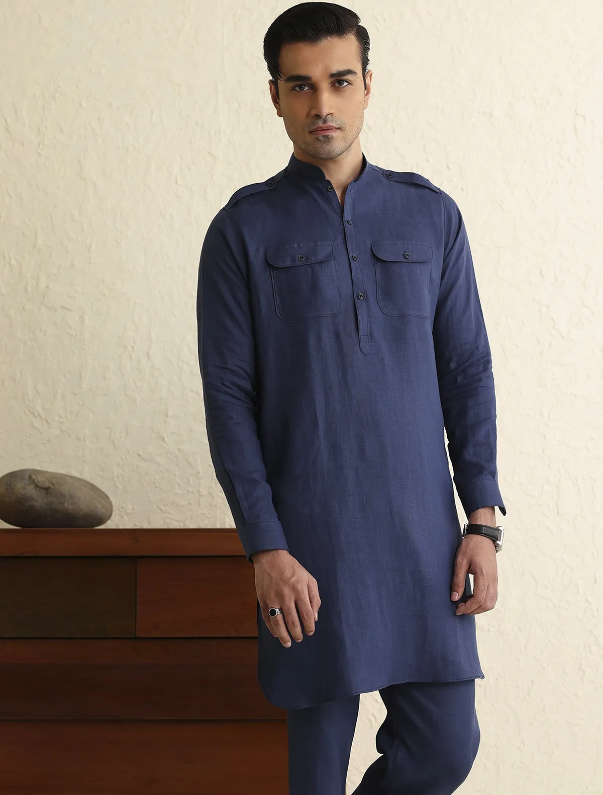 BLUE LINEN KURTA PAJAMA-S