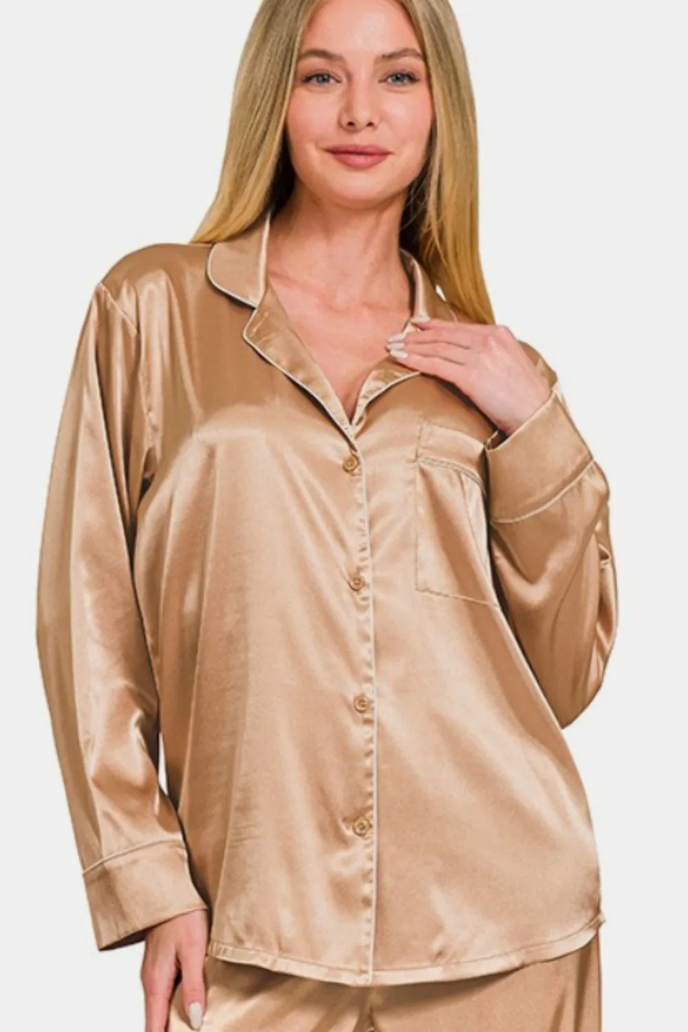 Blush Satin Long Sleeve Shirt and Pants Pajama Set (Online Exclusive)