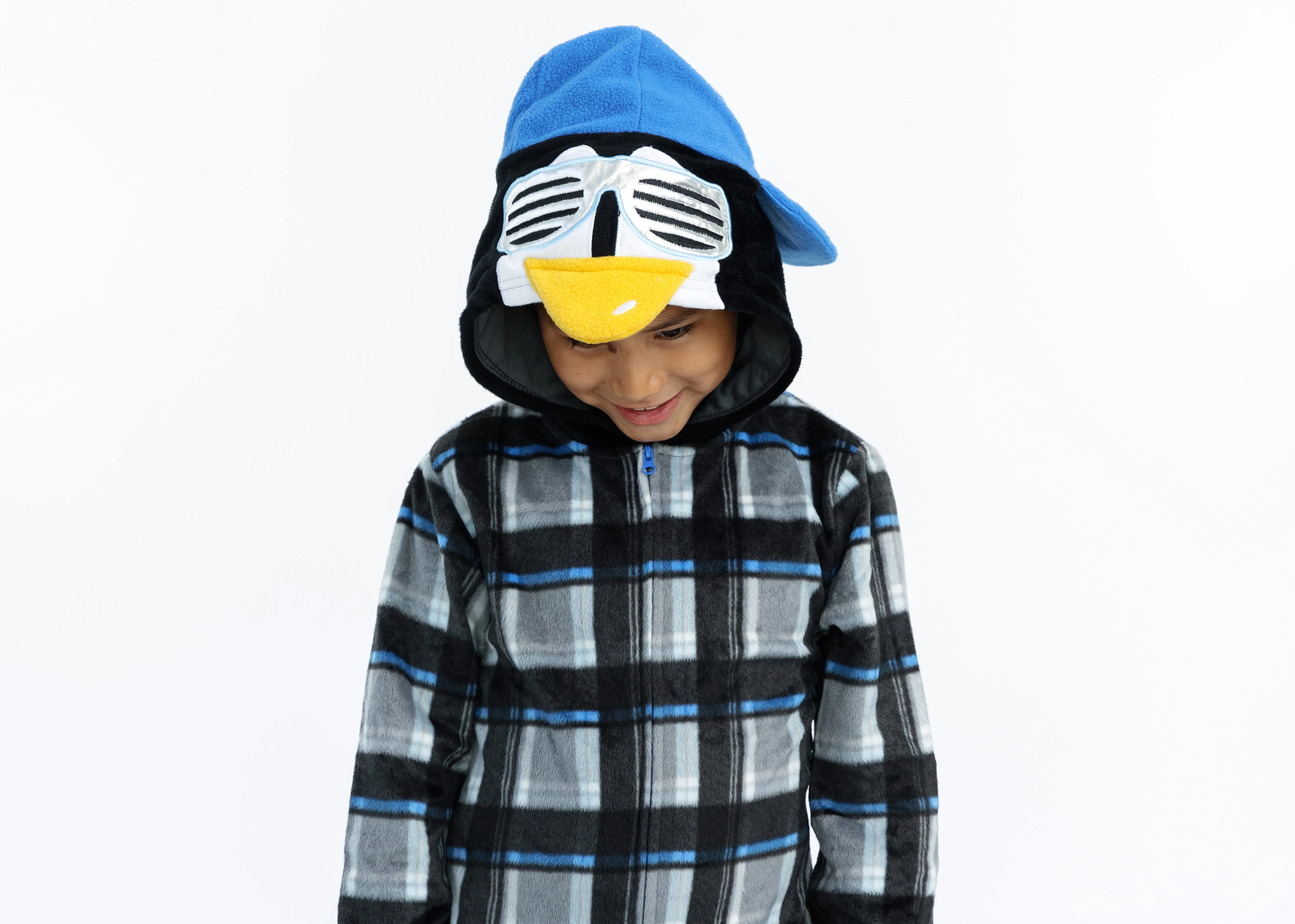 Boys Cool Penguin Zip-Up Hooded Sleeper Pajama with Built Up 3D Character Hood