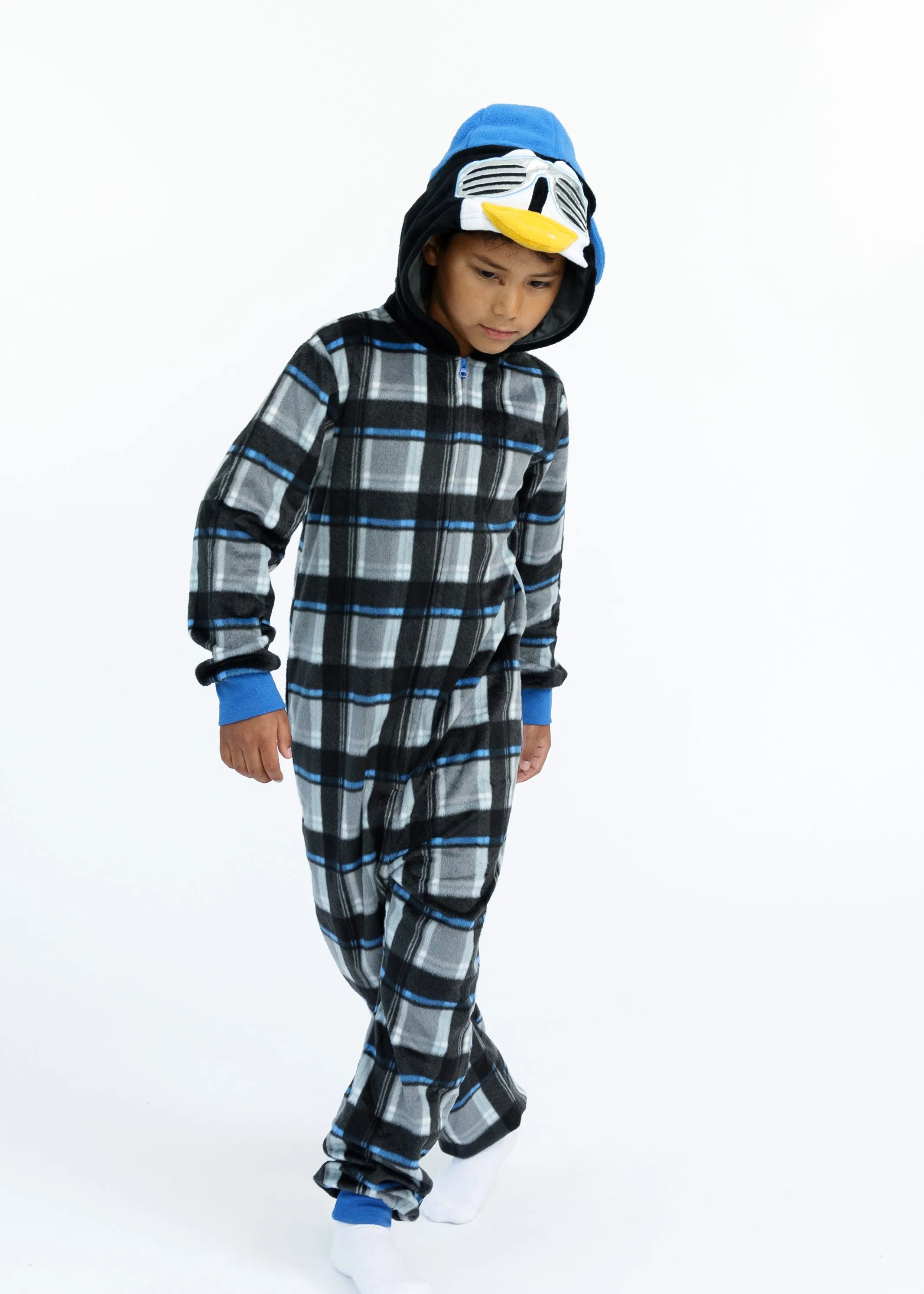 Boys Cool Penguin Zip-Up Hooded Sleeper Pajama with Built Up 3D Character Hood