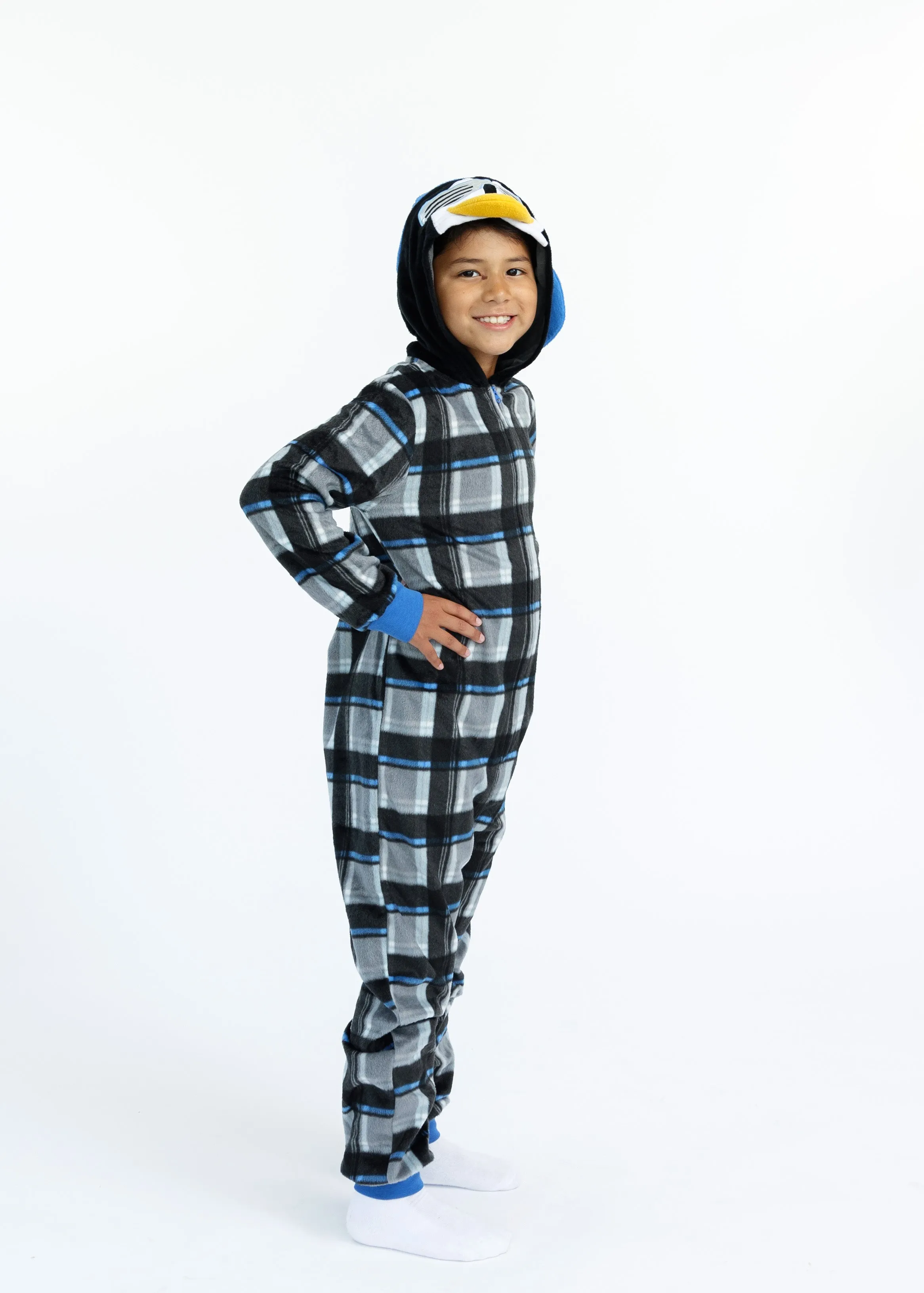 Boys Cool Penguin Zip-Up Hooded Sleeper Pajama with Built Up 3D Character Hood