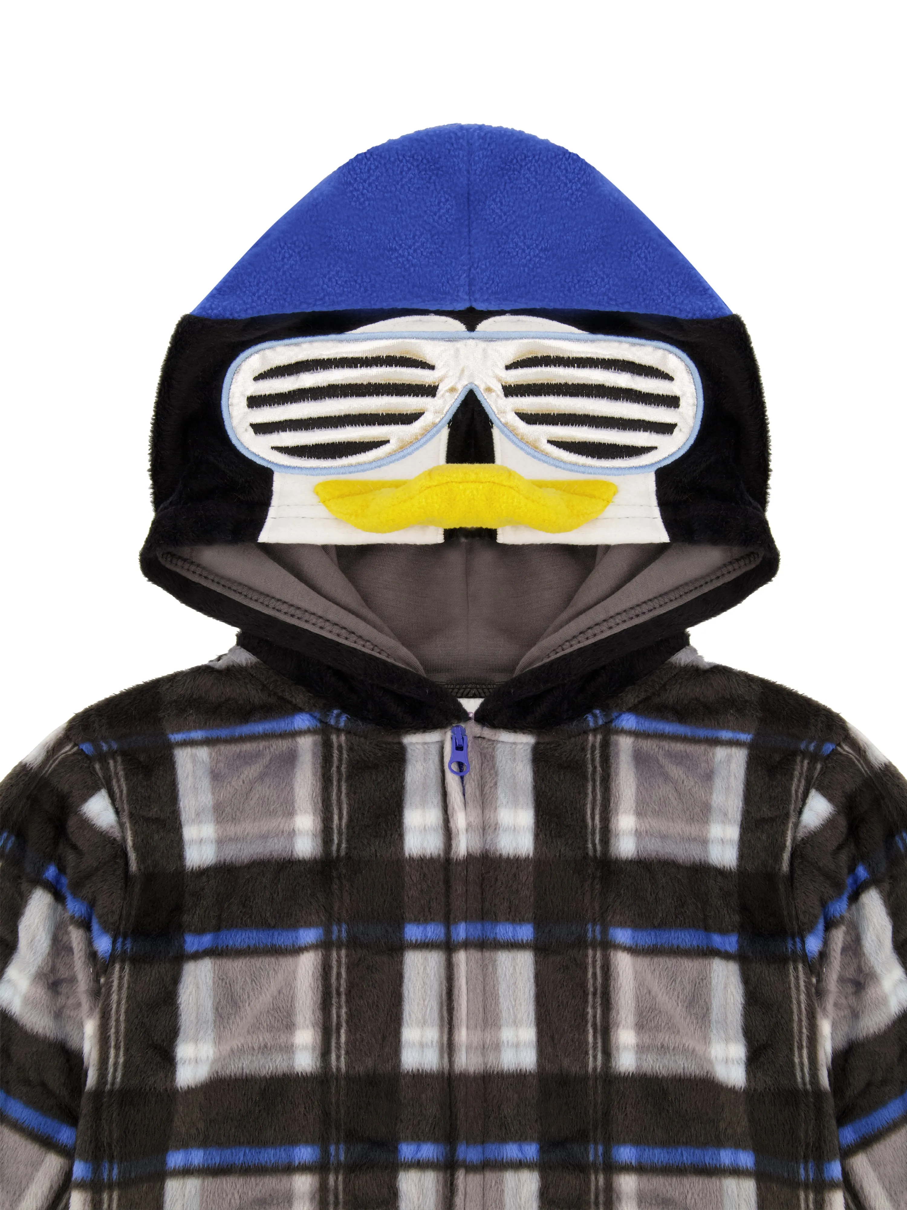 Boys Cool Penguin Zip-Up Hooded Sleeper Pajama with Built Up 3D Character Hood