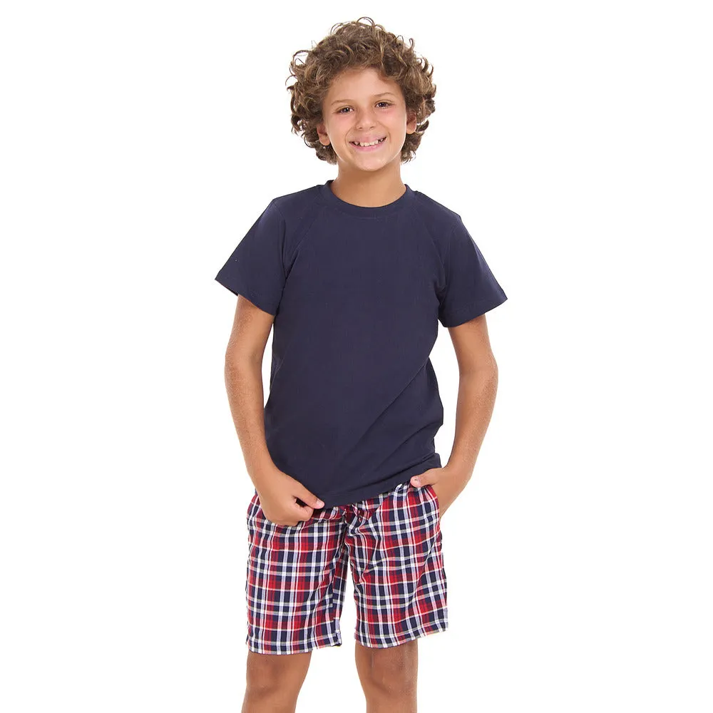 Boys summer pajama set Dark Blue t-shirt  Dark Blue x Red Checkered shorts