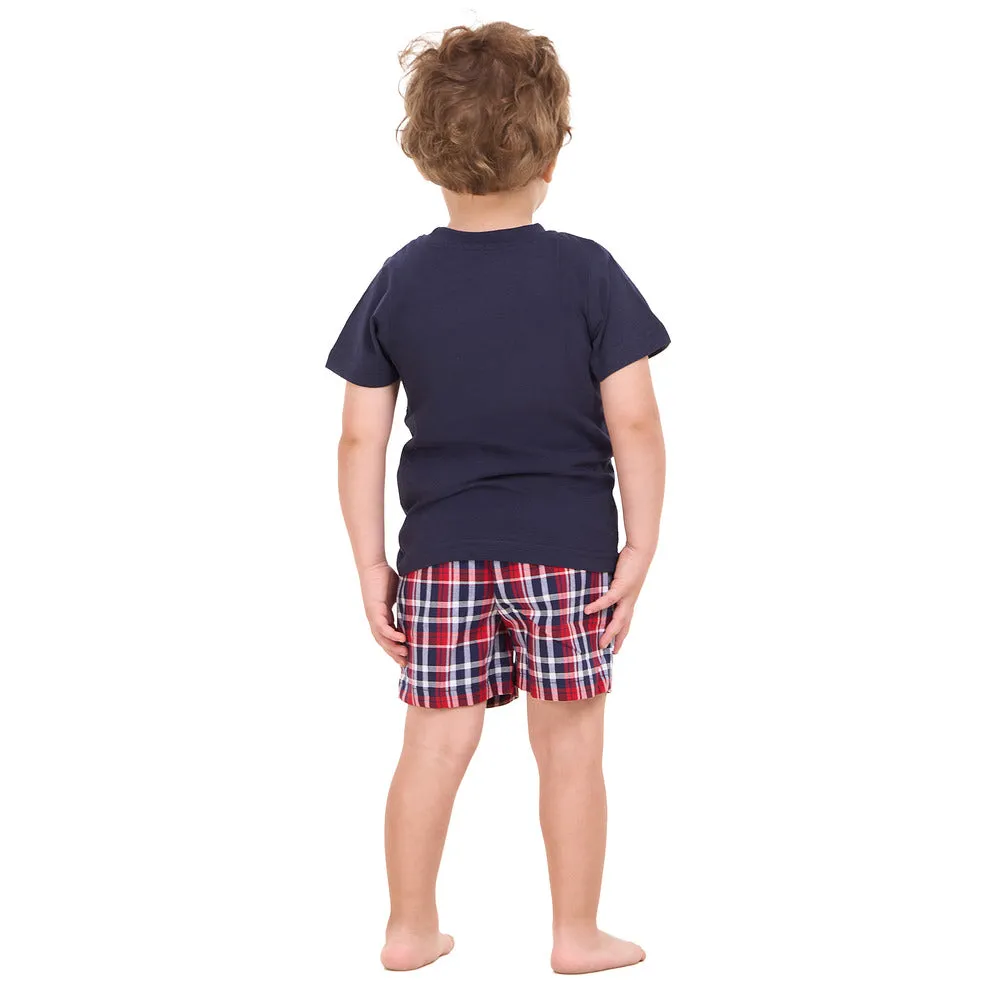 Boys summer pajama set Dark Blue t-shirt  Dark Blue x Red Checkered shorts