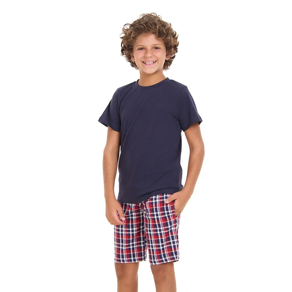 Boys summer pajama set Dark Blue t-shirt  Dark Blue x Red Checkered shorts