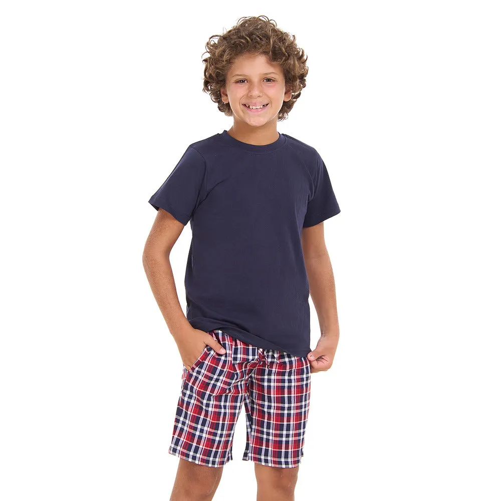 Boys summer pajama set Dark Blue t-shirt  Dark Blue x Red Checkered shorts