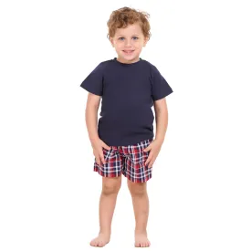 Boys summer pajama set Dark Blue t-shirt  Dark Blue x Red Checkered shorts