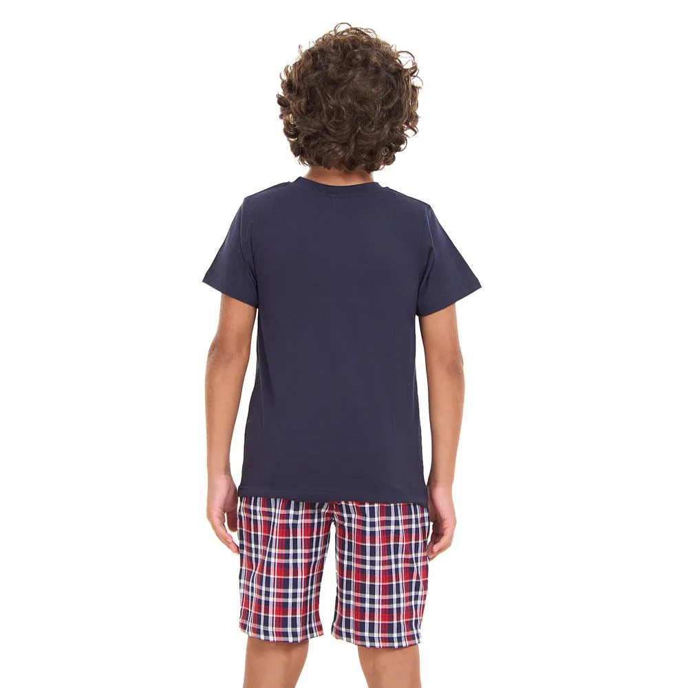 Boys summer pajama set Dark Blue t-shirt  Dark Blue x Red Checkered shorts