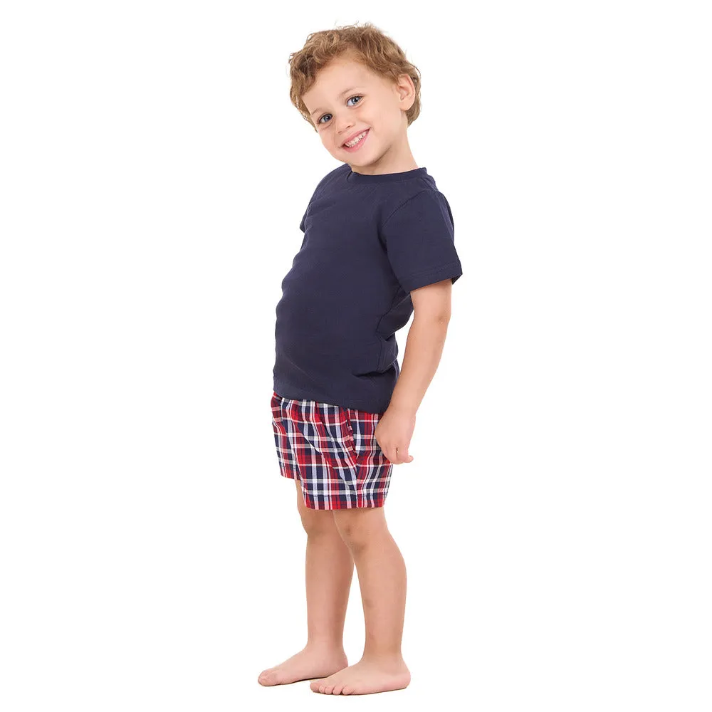 Boys summer pajama set Dark Blue t-shirt  Dark Blue x Red Checkered shorts