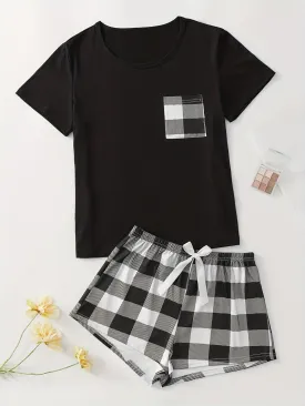 Casual & Comfy Plaid Pajamas Set Round Collar Short Top Pajama Shorts With Bowknot