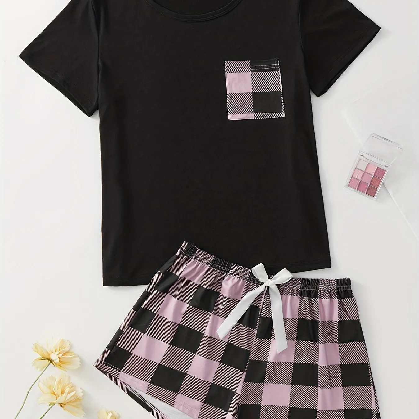 Casual & Comfy Plaid Pajamas Set Round Collar Short Top Pajama Shorts With Bowknot