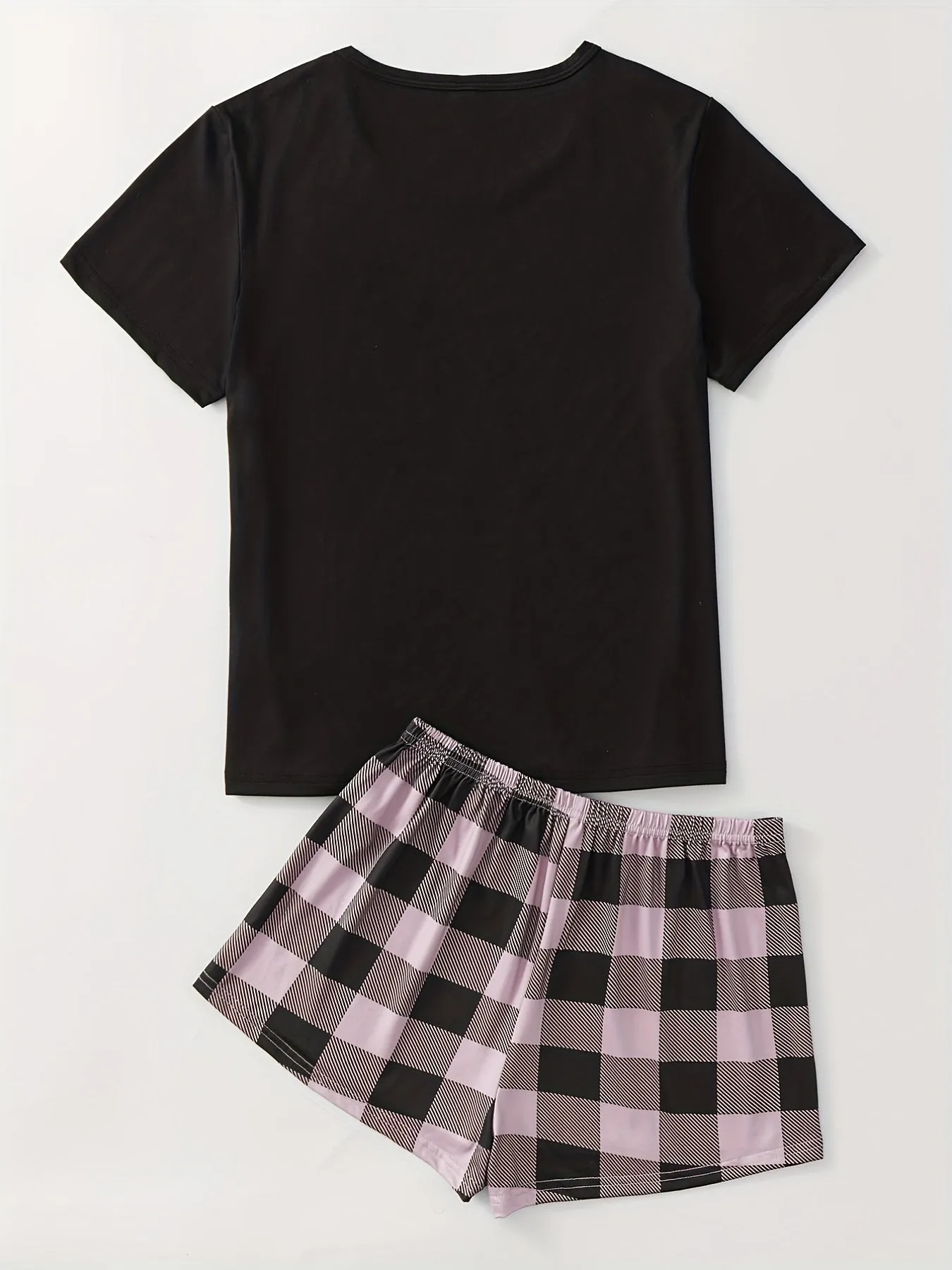 Casual & Comfy Plaid Pajamas Set Round Collar Short Top Pajama Shorts With Bowknot