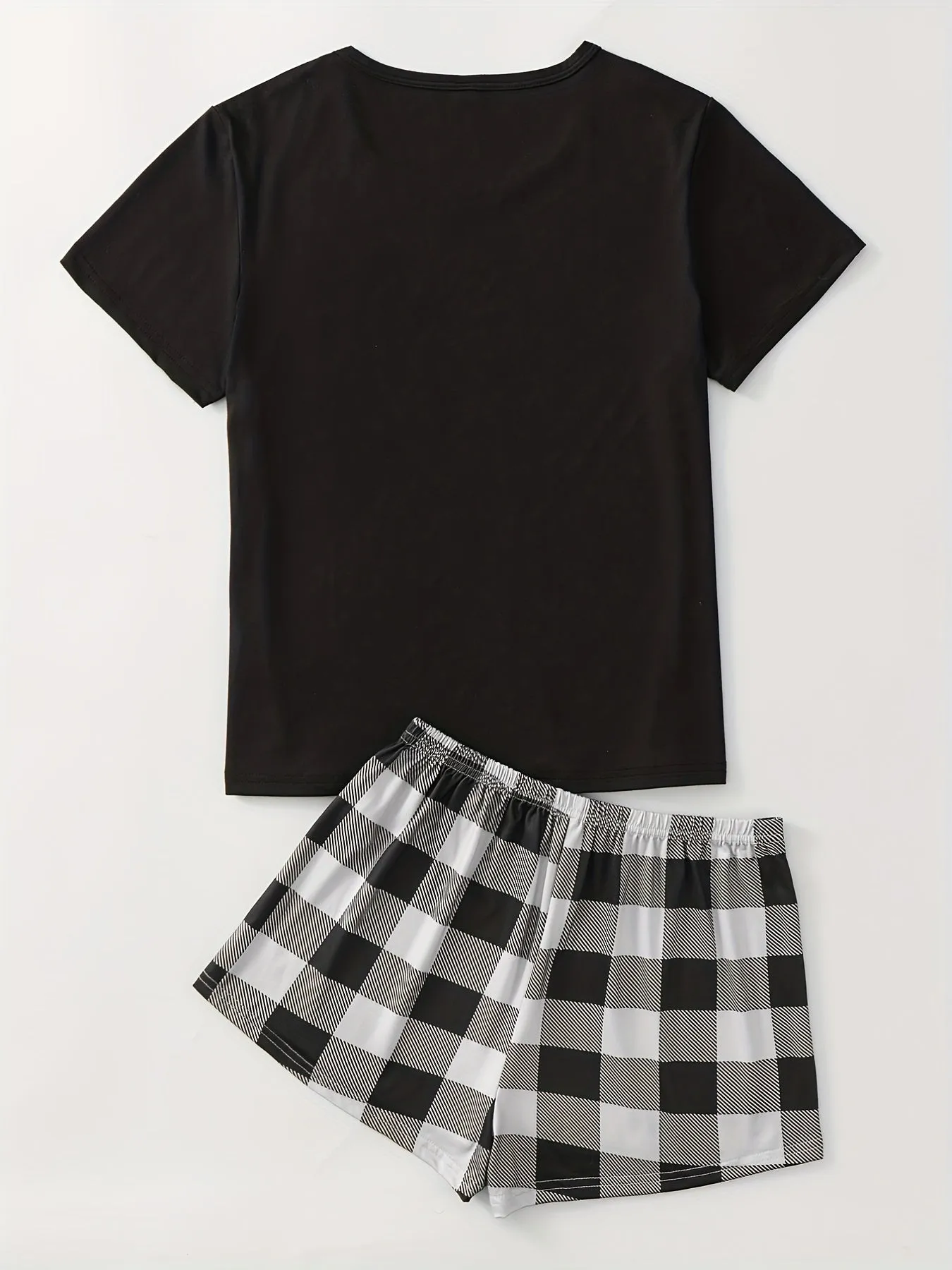 Casual & Comfy Plaid Pajamas Set Round Collar Short Top Pajama Shorts With Bowknot