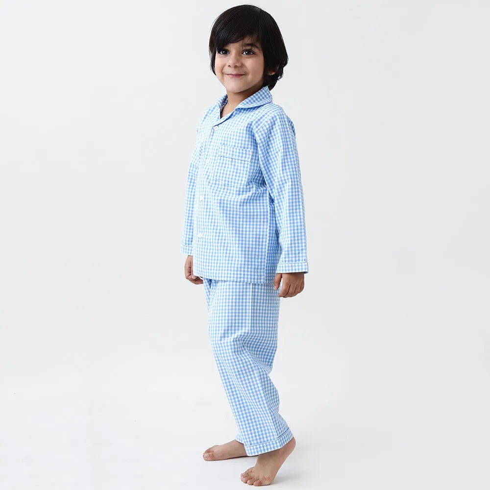 Classic Blue Gingham Pajama Set For Kids