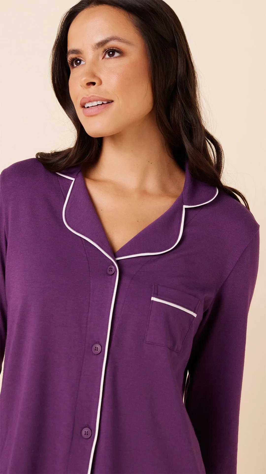 Classic Pima Knit Long-Sleeved Short Set - Aubergine