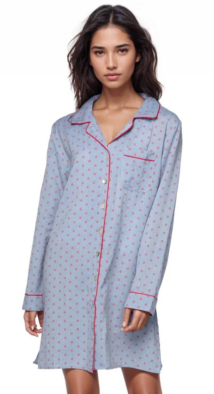 Cotton Chambray Night Shirt in Geo Dot Print