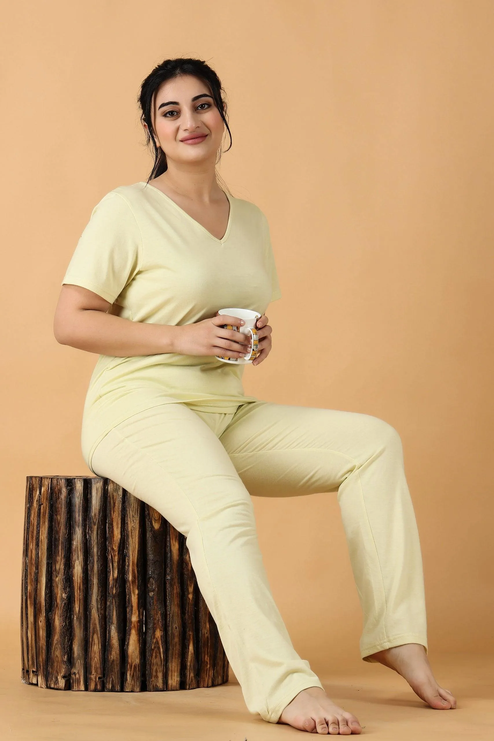 Cotton Solid Pyjama Night Suit Set -Lemon Yellow