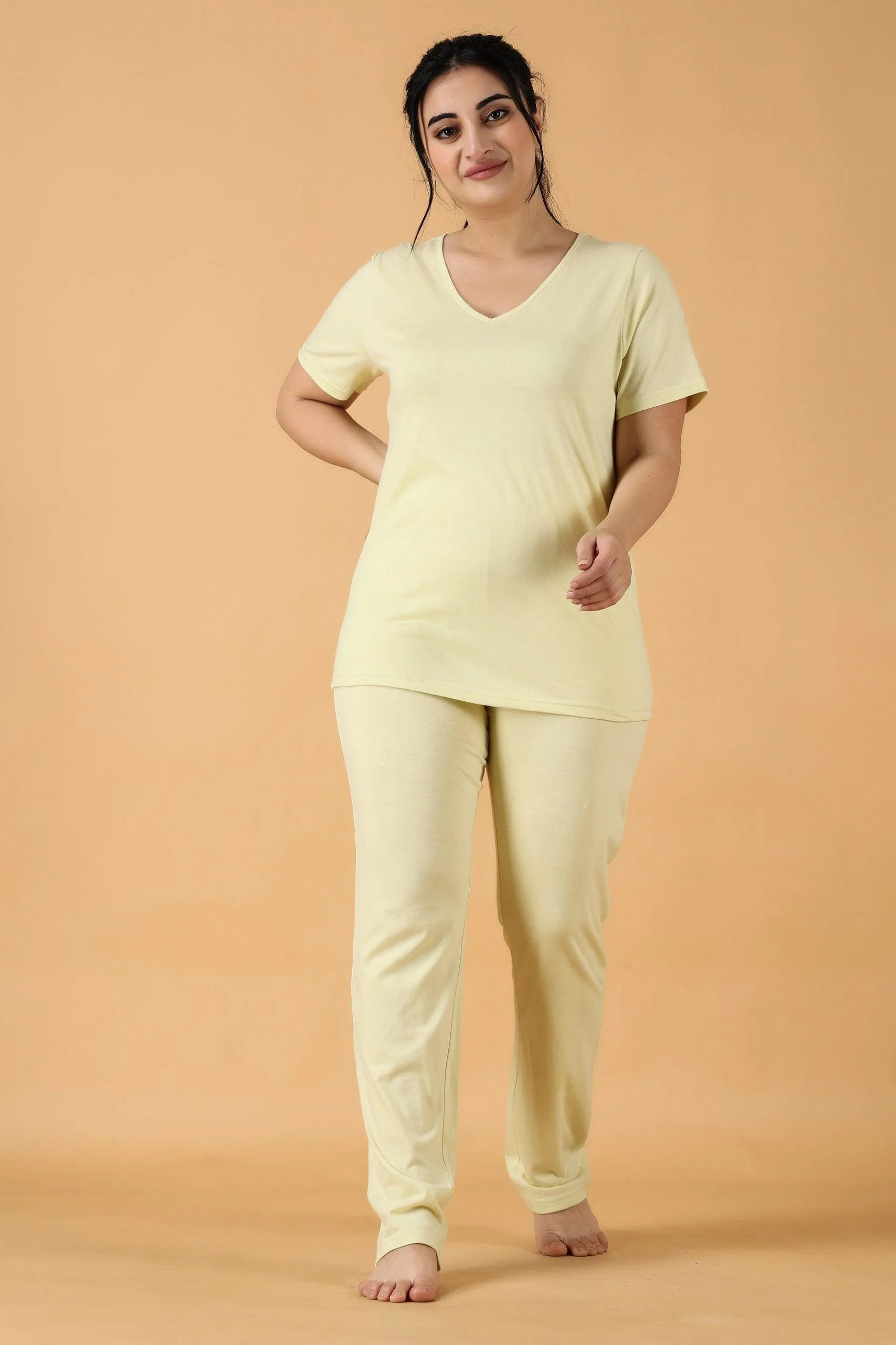 Cotton Solid Pyjama Night Suit Set -Lemon Yellow