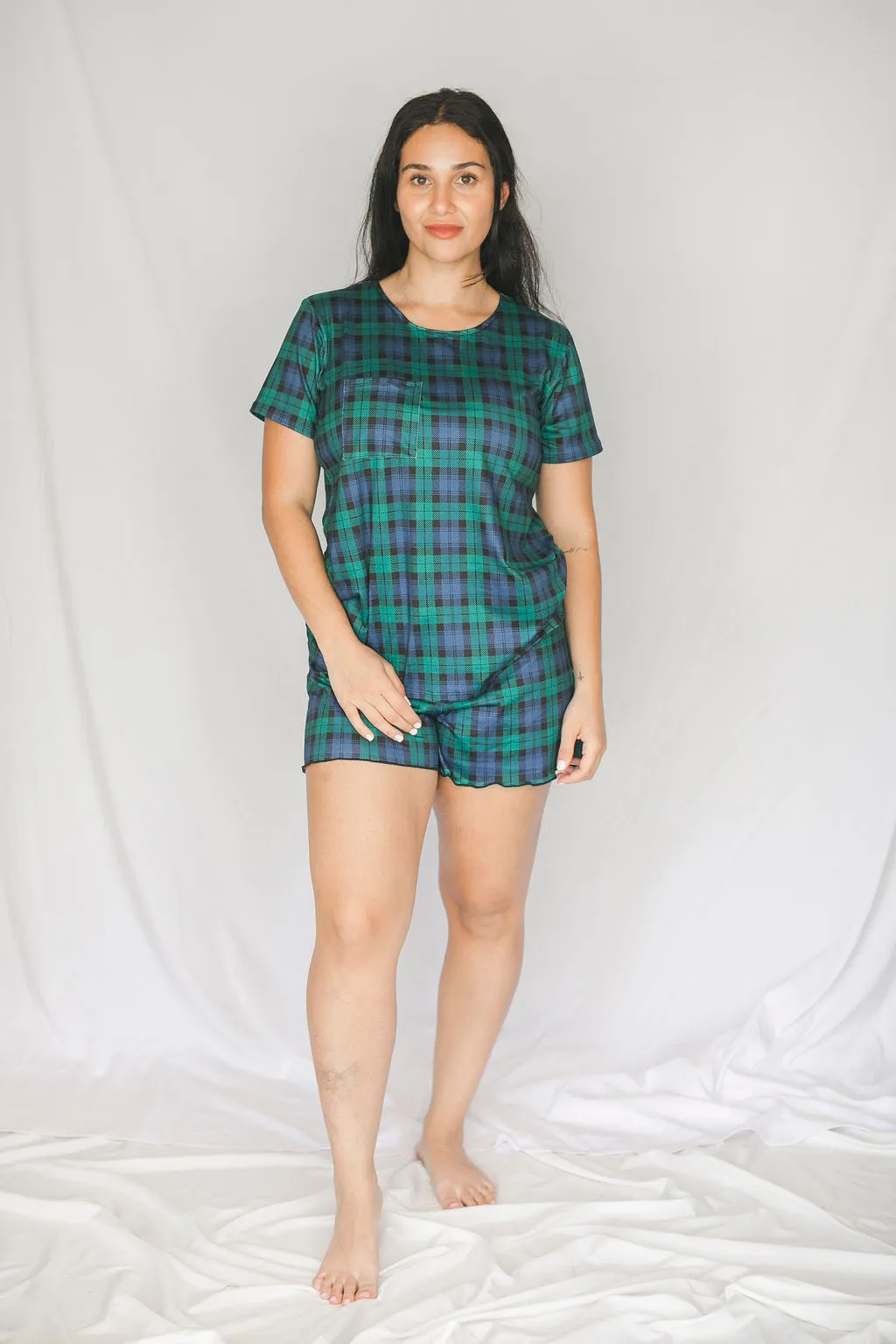 Cozy Green Plaid Short Sleeve Pajama Boxer Set