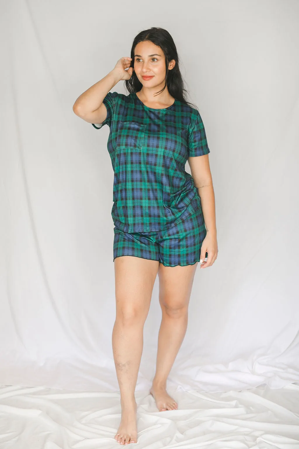 Cozy Green Plaid Short Sleeve Pajama Boxer Set