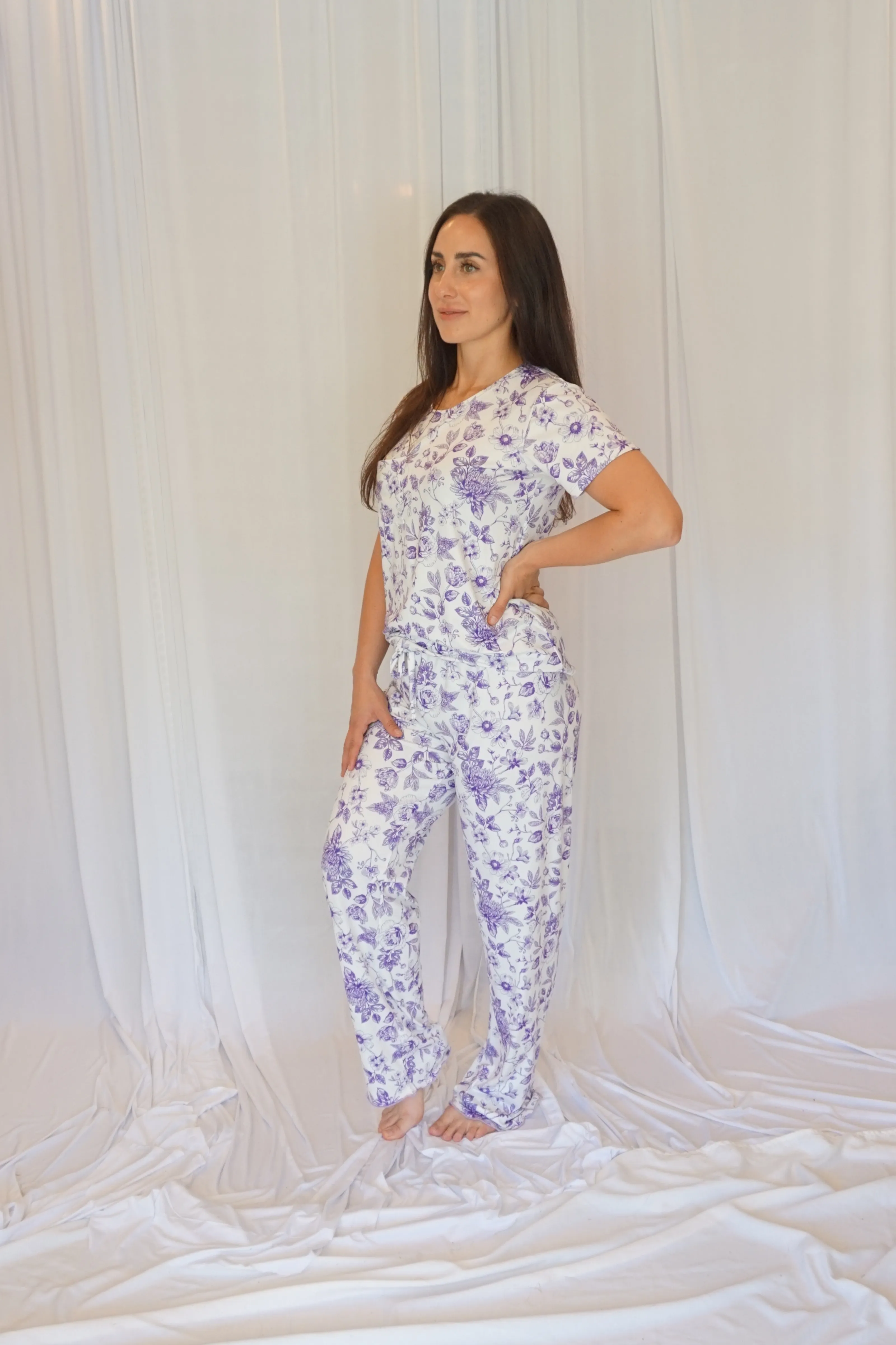 Cozy Purple Floral Short Sleeve Pajama Pant Set