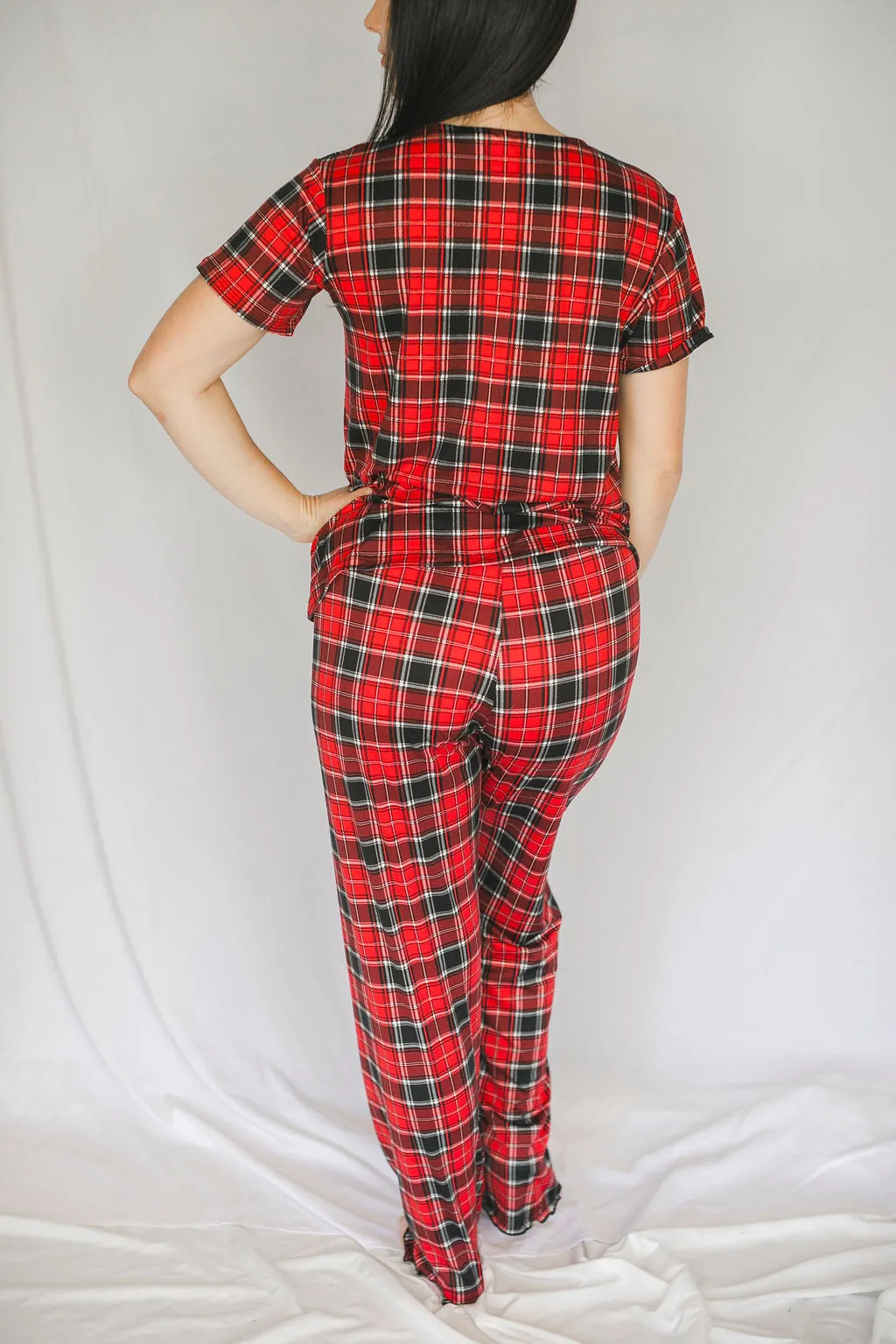 Cozy Red Plaid Short Sleeve Pajama Pant Set