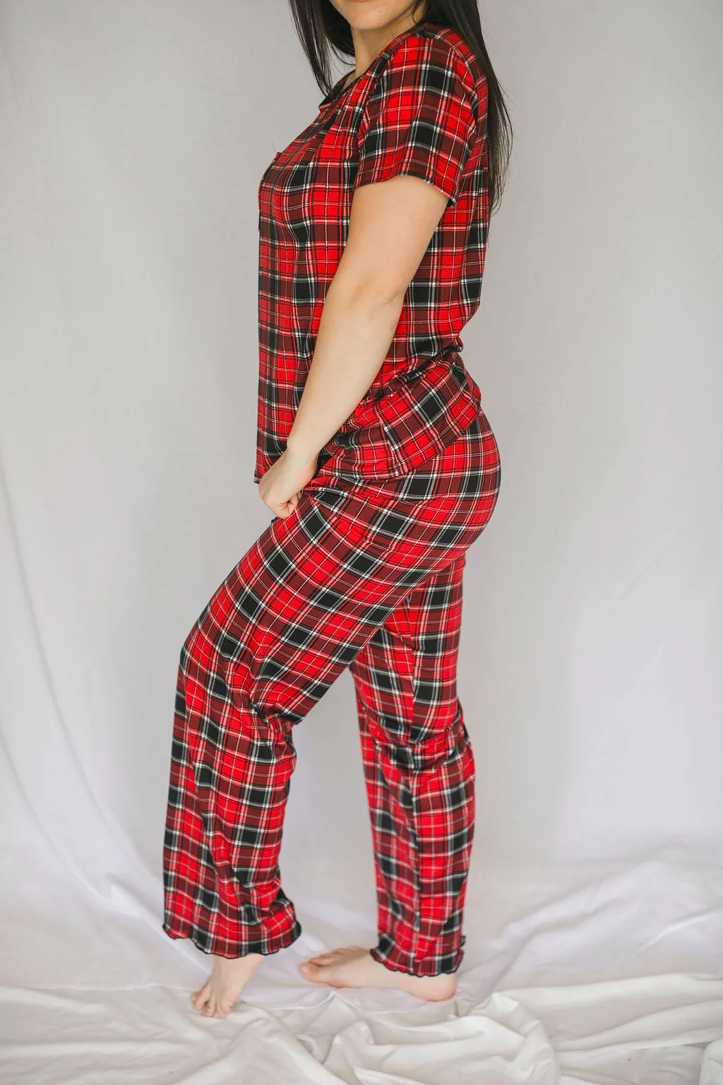 Cozy Red Plaid Short Sleeve Pajama Pant Set