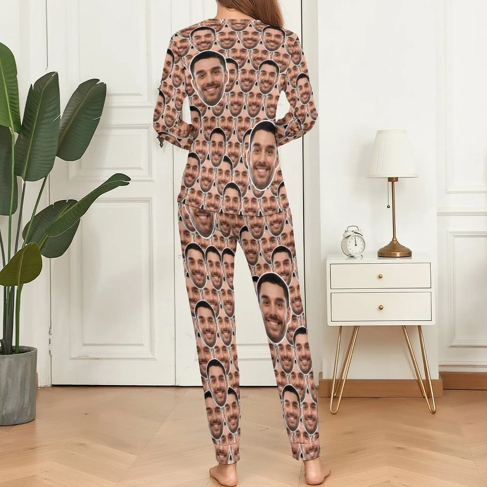 Custom Boyfriend Face Seamless Sleepwear Personalized Women's Slumber Party Crewneck Long Pajamas Set